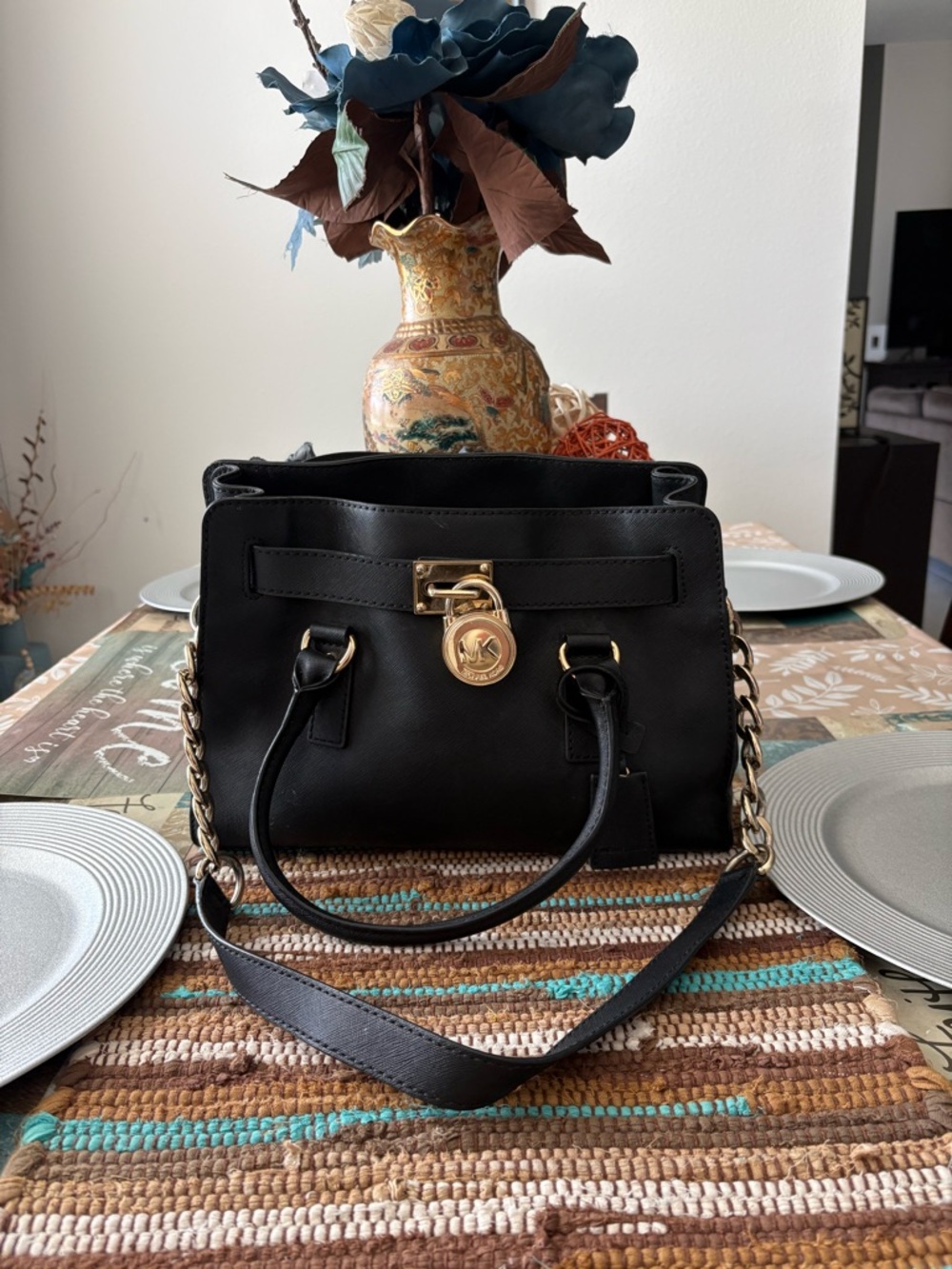 Michael Kors Black Leather Satchel with Gold-Tone Locks